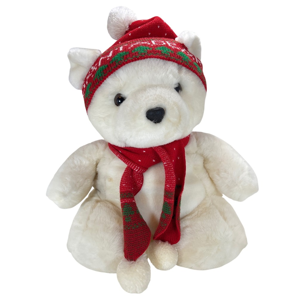 Vintage 1989 Dayton Hudson Santabear White Plush Teddy Bear Red Hat Scarf 16"